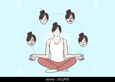 Harmony and mental health concept. Young faceless girl cartoon character sitting in lotus yoga asana position controlling emotions ecstasy, anger, stress, fear, sadness vector illustration  Stock Vector