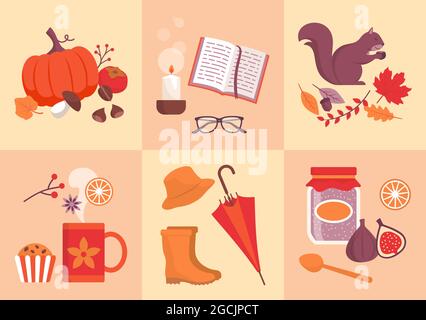 Fall season icons set: fruits, vegetables and objects Stock Vector