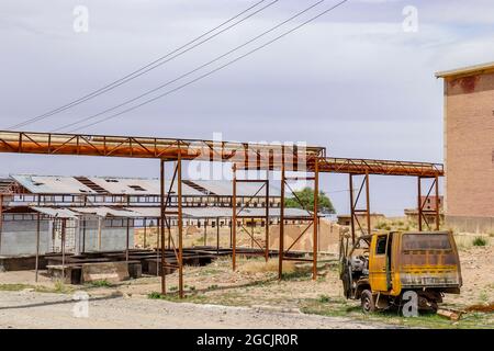 Destroyed abandoned glorious kindergarten in Aksai Oil Town, Jiuquan, Gansu, China. Stock Photo