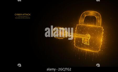 Cyber security low poly art. Polygonal vector illustration of a key and lock. Cyber attack or data hacking concept. Stock Vector