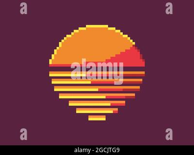 Pixel art 80s sunset. 8-bit sun synthwave and retrowave style. Design for printing, wrapping paper and advertising. Vector illustration Stock Vector