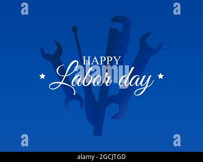 Happy Labor Day. Wrenches, counter and gas wrench on a blue background.  Design of advertising materials, banner and poster. Vector illustration Stock Vector