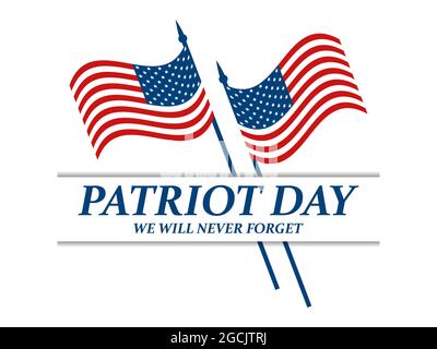 Patriot day, we will never forget. September 11. Two flags of the united states of america on white background. Design template poster and banner. Vec Stock Vector