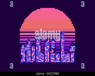 Pixel art city at sunset. 8 bit cityscape on the pixel sun. 80s synthwave and retrowave. Retro 8-bit video game. Design for t-shirt, banner and poster Stock Vector
