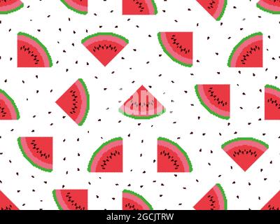Watermelon slices seamless pattern in pixel art style. 8 bit icon watermelon with seeds. Trend design for printing, wrapping paper and advertising. Ve Stock Vector