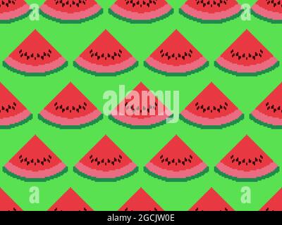 Watermelon slices seamless pattern in pixel art style. 8 bit icon watermelon with seeds. Trend design for printing, wrapping paper and advertising. Ve Stock Vector