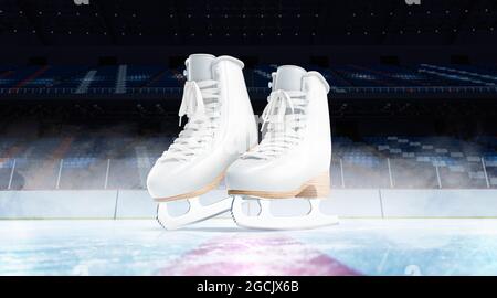 Blank ice rink surface with skates background mockup, front view, 3d rendering. Empty leather footwear on arena for season tournament mock up. Clear s Stock Photo