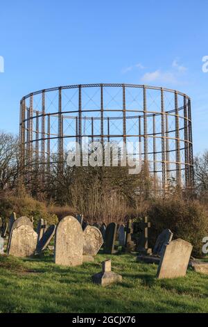 Gravestones and gasometer, Kensal Green Cemetery, Victorian gothic ...