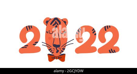 Cute blue tiger and lettering New Year 2022. Symbol of Chinese New Year. Hand drawn illustration for design. Isolated on a white background. EPS 10 Stock Vector
