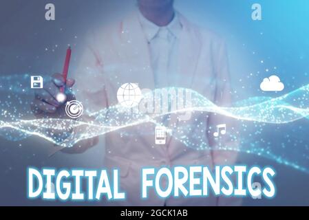 Conceptual caption Digital Forensics. Internet Concept investigation of material found in digital devices Lady In Uniform Holding Tablet In Hand Stock Photo
