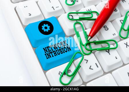 Text showing inspiration Network Intrusion. Business idea device or software application that monitors a network Typing Engineering Lessons And Stock Photo