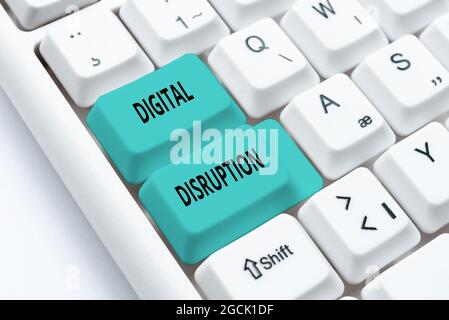 Writing displaying text Digital Disruption. Business overview transformation caused by emerging digital technologies Typing Certification Document Stock Photo