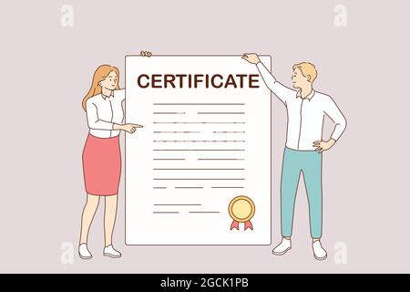 Business certificate and development concept. Young smiling partners woman and man cartoon characters standing holding huge certificate with official stamp in hands vector illustration  Stock Vector