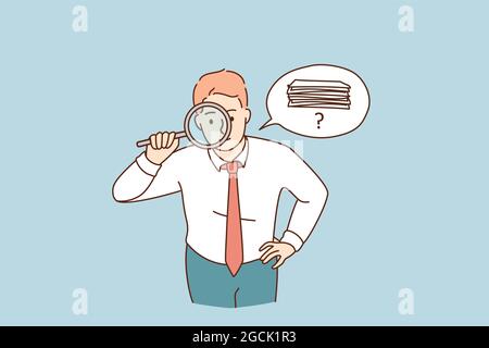 Searching for money or documents concept. Young attentive businessman cartoon character standing looking at magnifier trying to find money or official documents vector illustration  Stock Vector