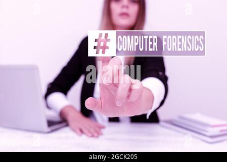 Hand writing sign Computer Forensics. Word for the investigative analysis techniques on computers Assistant Offering Instruction And Training Advice Stock Photo