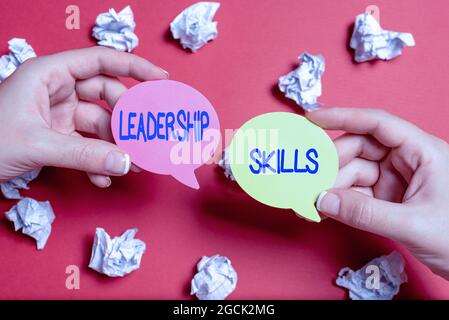 Sign displaying Leadership Skills. Concept meaning Skills and qualities that leaders possess Taking a lead Brainstorming Problems And Solutions Asking Stock Photo