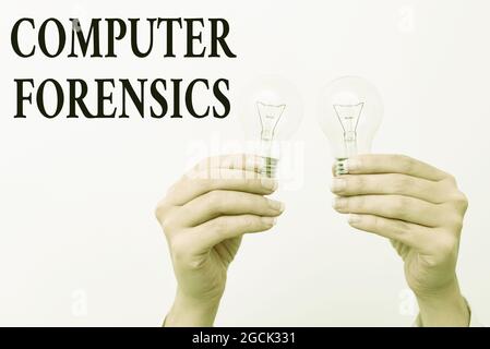 Conceptual display Computer Forensics. Business idea the investigative analysis techniques on computers two Hands holding lamp showing or presenting Stock Photo