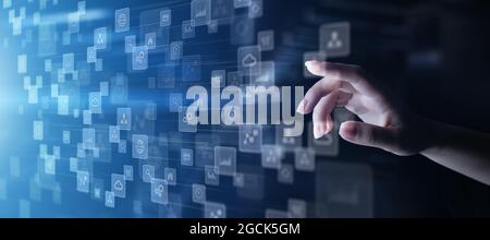 Applications icons on virtual screen, technology, development background concept Stock Photo