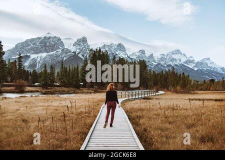 Back view of unrecognizable Woman walking on curvy boardwalk located in grassy valley near coniferous forest and snowy mountain ridge in town of Canmo Stock Photo