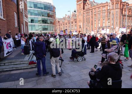 Liverpool, UK. 9th Aug, 2021. Members of the University and College Union (UCU) hold a rally at University Square to defend jobs in Liverpool University health and life sciences that remain under threat, after concerted collective action saved a large proportion of the positions targeted for redundancy by the university's administration. UCU has been involved in industrial action for months, after an overwhelming vote among UCU members across the university in favour of strike action, to defend 47 staff. Credit: ken biggs/Alamy Live News Stock Photo