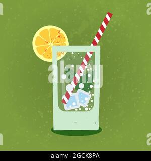 lemonade with ice in glass glass on green, refreshing background.Vintage vector flat in retro style Stock Vector