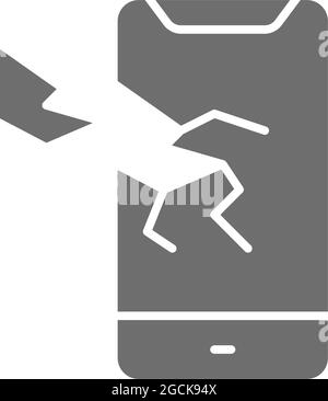 Vector broken smartphone, phone crashed grey icon. Stock Vector