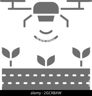 Drone control for seed planting, agriculture grey icon. Stock Vector