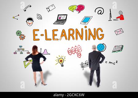 E-learning concept drawn on a wall watched by business people Stock Photo
