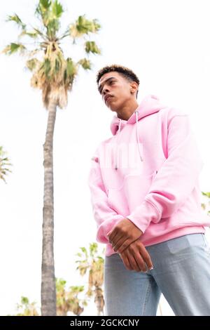 Low angle of confident young ethnic man with dyed Afro hairstyle dressed in trendy pink hoodie standing with arms crossed against palm tree and lookin Stock Photo