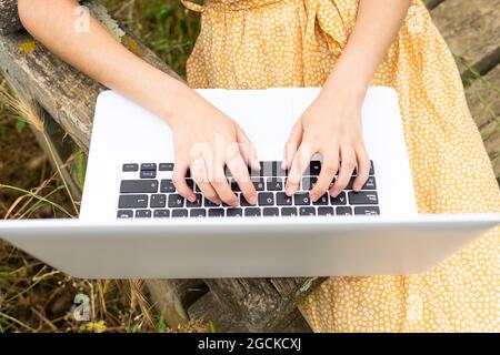 From above of crop anonymous female freelancer browsing netbook while sitting on bench in summer park and working remotely on project Stock Photo