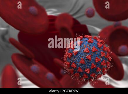 Virus and blood cells against flag of Japan. 3d illustration. viral infection causing chronic disease. Hepatitis viruses, influenza virus H1N1, Corona Stock Photo