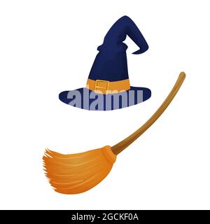 Witch hat with broom, magic elements in cartoon style isolated on white background. Wizard equipment, fantasy costume. Halloween scary items. Vector illustration Stock Vector