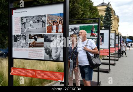 Uherske Hradiste, Czech Republic. 08th Aug, 2021. The most interesting moments from the history of Czechoslovak and Czech participation in Olympic games are in focus of a photo exhibition 'Olympic Moments', prepared by CTK and for the first time presented at the Summer Film School festival in Uherske Hradiste, Czech Republic, August 8, 2021. Credit: Dalibor Gluck/CTK Photo/Alamy Live News Stock Photo