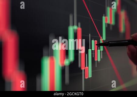 Crop unrecognizable broker pointing at display with binary option while working with graphics Stock Photo