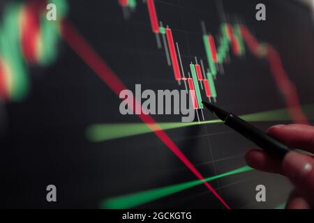 Crop unrecognizable broker pointing at display with binary option while working with graphics Stock Photo