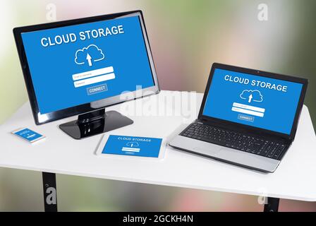 Cloud storage concept shown on different information technology devices Stock Photo