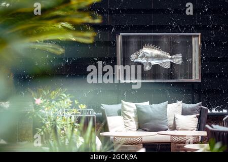 A silver fish in a frame against a background of falling water hangs over a sofa Stock Photo