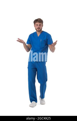 Handsome nurse doctor man isolated on white background clueless and confused expression. Doubt concept. Stock Photo