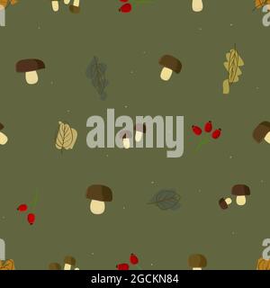 Forest mushrooms, rose hips and autumn leafs - vector background Stock Vector