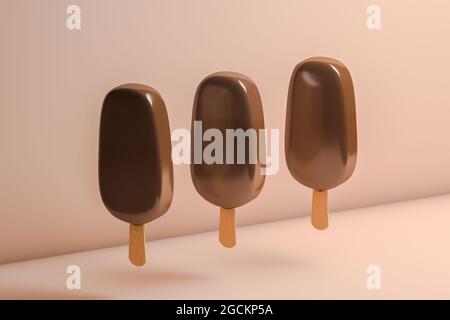 Side view of three chocolate ice creams floating in the air and one of them bitten Stock Photo