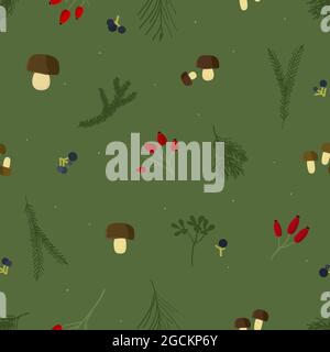 Forest mushrooms, rose hips and tree branches - vector background Stock Vector