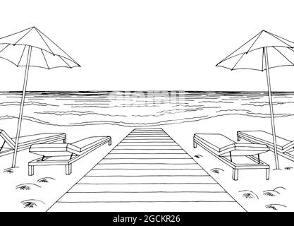 Sea coast beach graphic black white vacation landscape sketch illustration vector Stock Vector