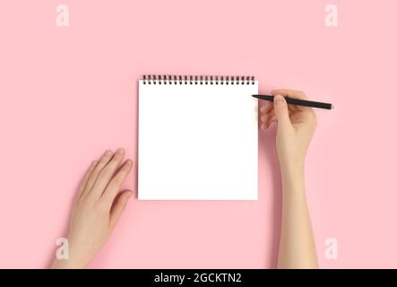 Female hands hold pen and notepad. Blank copybook mockup on a pink pastel background. Stock Photo