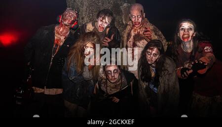 Alton Towers Dark Apocalypse and Freak Show Scare Actors during Halloween Scarefest Event Stock Photo