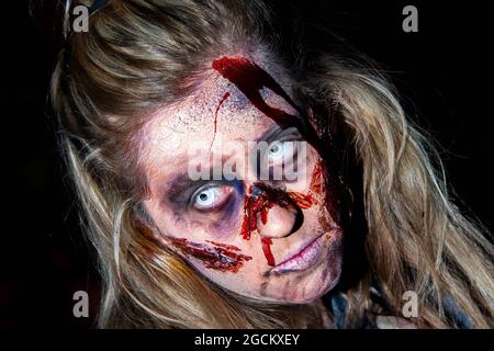 Alton Towers Dark Apocalypse and Freak Show Scare Actors during Halloween Scarefest Event Stock Photo