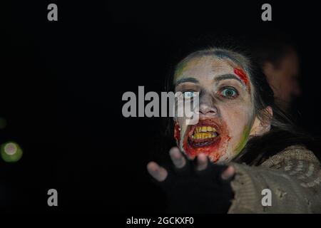 Alton Towers Dark Apocalypse and Freak Show Scare Actors during Halloween Scarefest Event Stock Photo