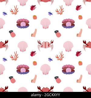 Sea animal seamless pattern with crab, seashells, pearl and coral. Undersea world habitants print. Hand drawn underwater life vector illustration. Funny cartoon marine animals character for kid Stock Vector