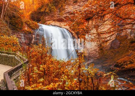 Looking Glass Falls in Pisgah National Forest, North Carolina, USA with autumn foliage. Stock Photo