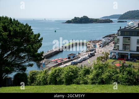 Plymouth, Devon, England, UK. 2021. Overview of the West Hoe Pier at high tide, commercial landing stage and small harbour on the waterfront, Plymouth Stock Photo
