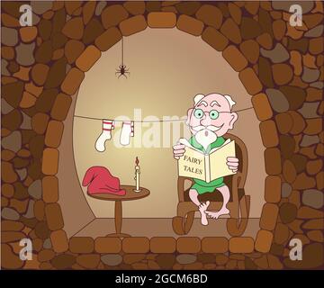 Funny cute mythological gnome sits in a rocking chair and reads fairy tales isolated on white background.. Flat Art Vector Illustration Stock Vector